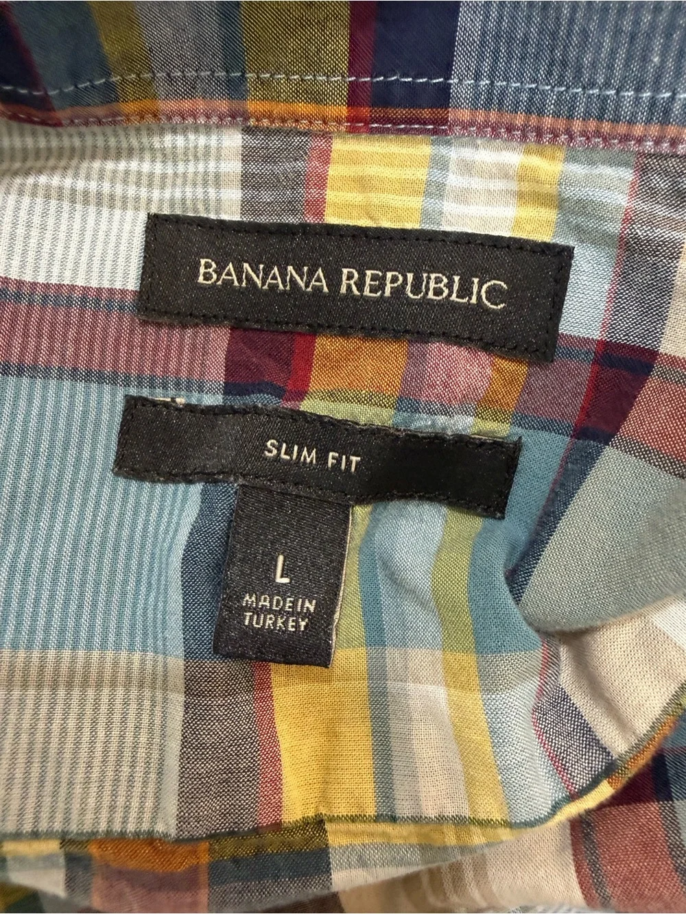 Banana Republic Slim Fit Plaid Button Front Shirt Large Blue Yellow Long Sleeve
